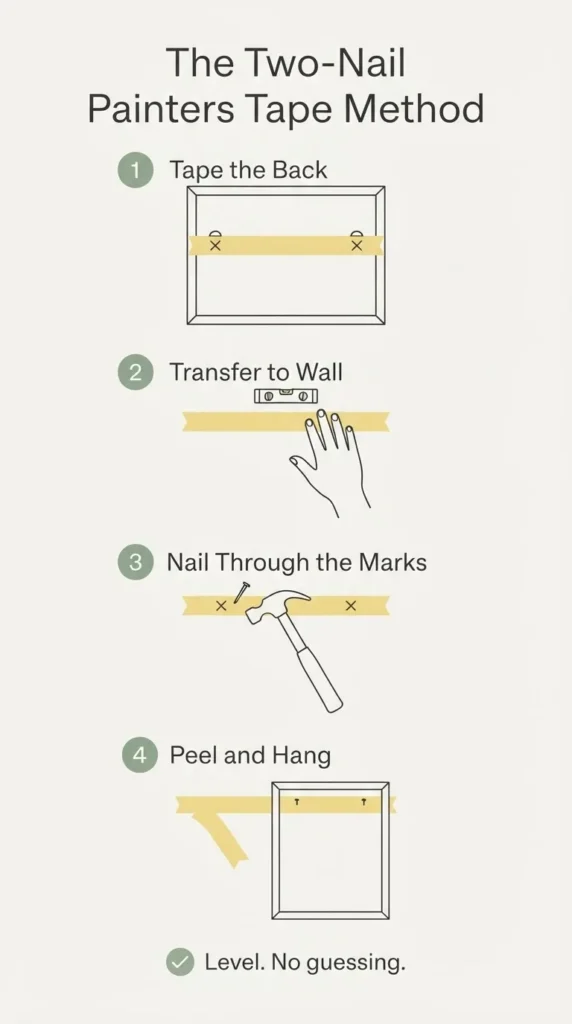 Step by step infographic showing the painters tape two nail picture hanging method, four numbered steps from tape on frame back to finished level hang