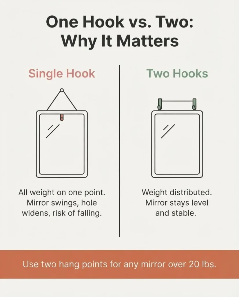 diagram showing correct two-point mirror hanging method versus single-hook method, with labeled hang points and wire placement on drywall