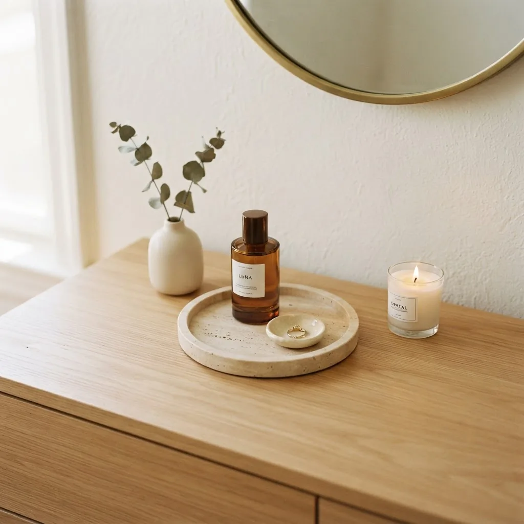 Close styled vignette of a dresser surface below a round rattan mirror, small marble tray holding perfume and a ring dish, single bud vase with dried eucalyptus, warm window light, calm cozy feel