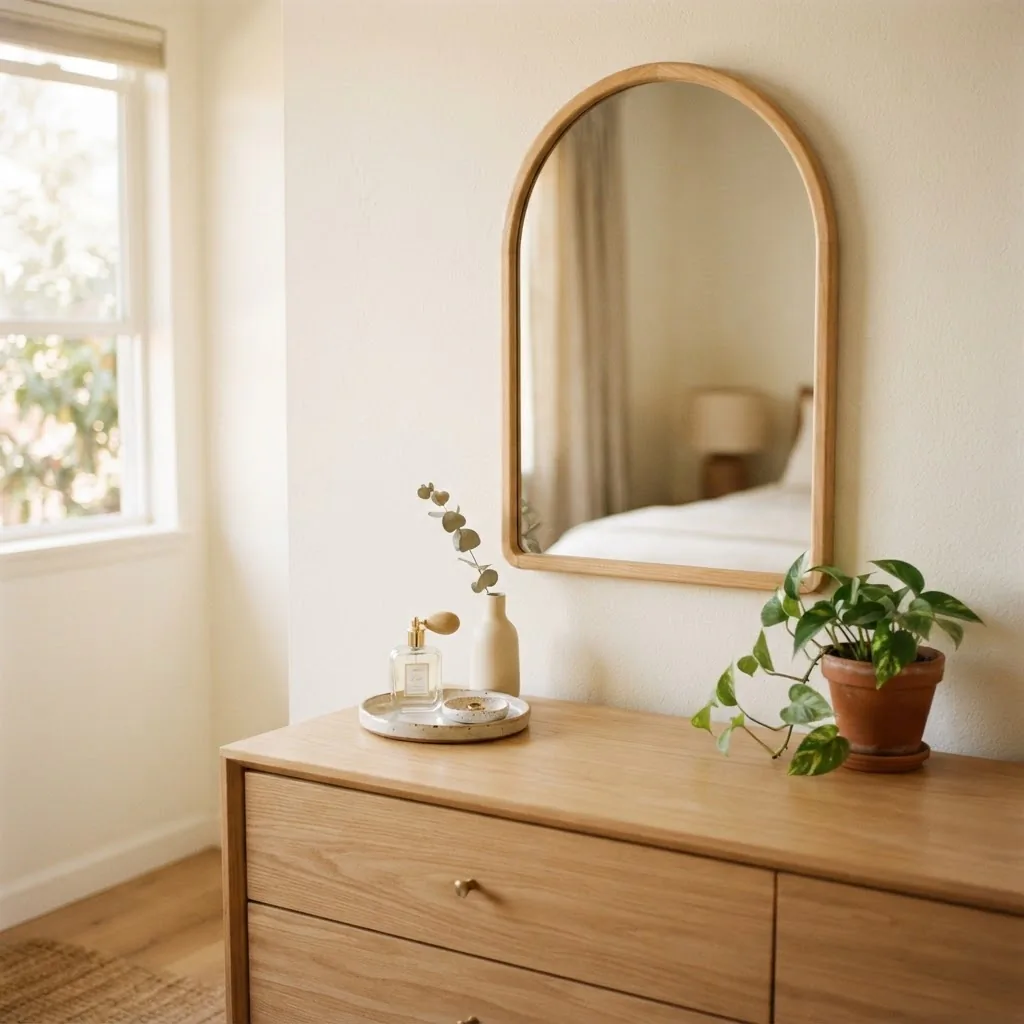 Styled bedroom vanity corner with a warm natural arched wood-frame mirror above a light oak dresser, small tray with perfume and dried botanicals, soft natural window light, calm minimal aesthetic