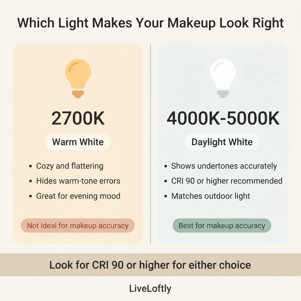 Side-by-side comparison infographic showing warm 2700K light versus 4500K daylight light at a vanity mirror, with CRI labels and makeup accuracy notes