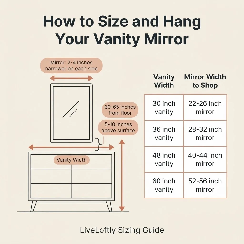 Diagram showing vanity mirror sizing rules: mirror 2 to 4 inches narrower than vanity on each side, center height 60 to 65 inches from floor, bottom edge 5 to 10 inches above countertop