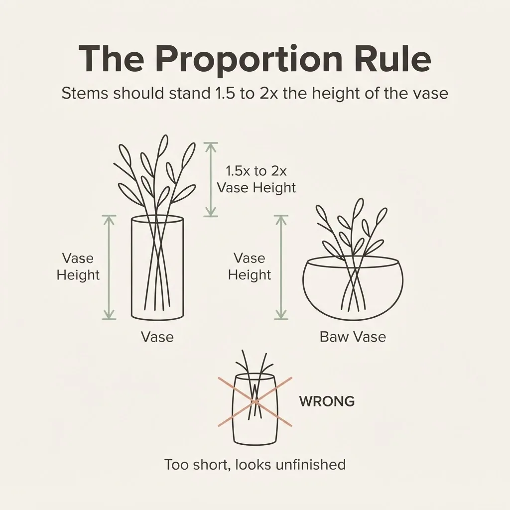 Infographic showing the 1.5 times vase height proportion rule for flower arrangements, with labeled measurements on a tall vase and a low vase side by side