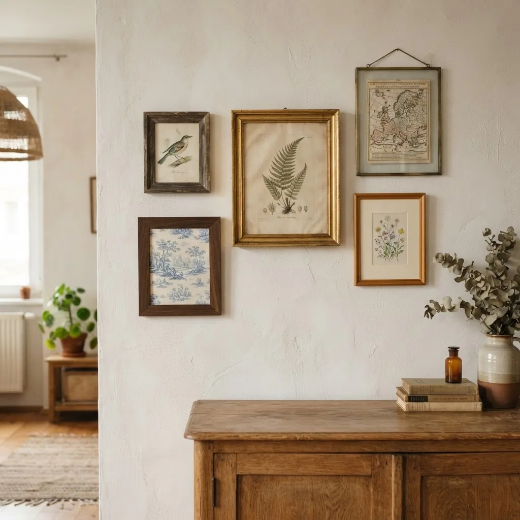 Apartment wall with a curated mix of vintage framed art styles including botanical prints, antique map, and toile illustration in mixed warm-toned frames