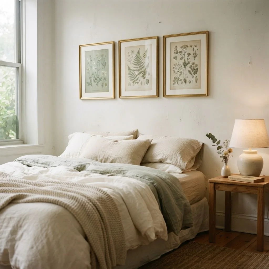 Cozy bedroom vignette with vintage botanical prints in gold frames above a linen bed, soft morning light, calm neutral palette, rental-friendly decor styling
