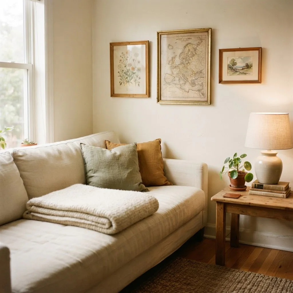 Cozy living room corner with vintage framed wall art in warm gold and wood frames above a linen sofa, natural window light, calm neutral palette