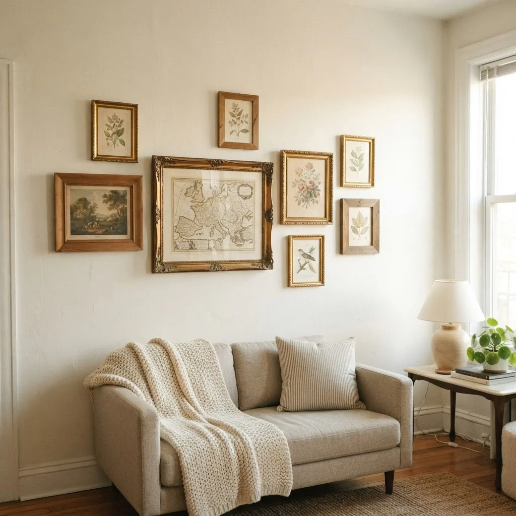 Finished vintage gallery wall in a rental apartment living room, mixed frame sizes in warm gold and wood tones, botanical prints and antique map, soft natural light