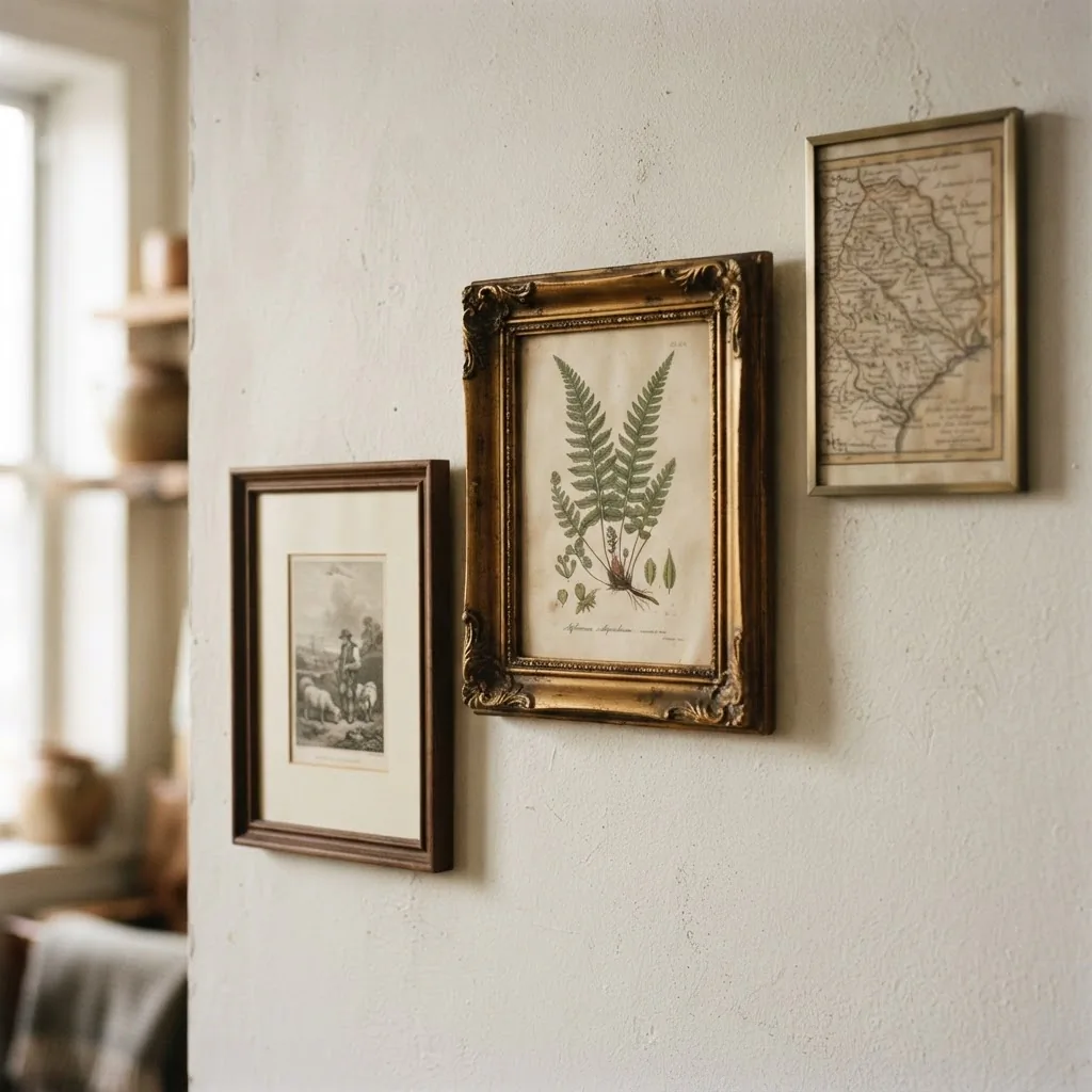 Close-up of a styled apartment wall with vintage frames in mixed finishes, warm gold ornate frame next to dark walnut and brushed brass, botanical and map prints