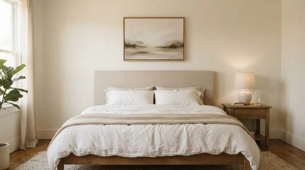 correctly sized framed wall art above a queen bed headboard in a bedroom, art width spanning 60 to 75 percent of headboard, 8 inches above headboard, real room scale