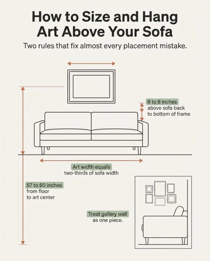 Diagram showing the two-thirds sofa width rule and 57-inch center hanging height for wall art above a couch, with labeled measurements