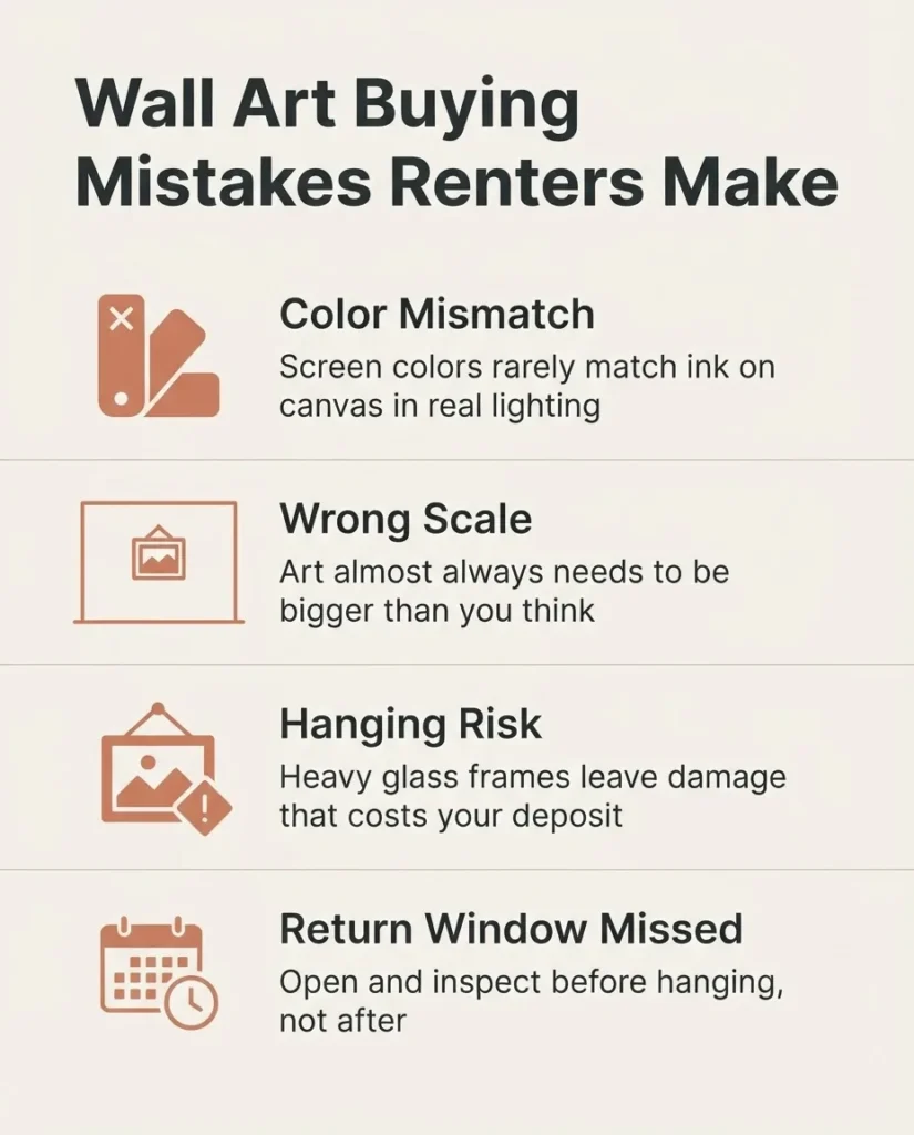 Infographic showing four common wall art buying mistakes for renters: color mismatch, wrong scale, hanging risk, and return window