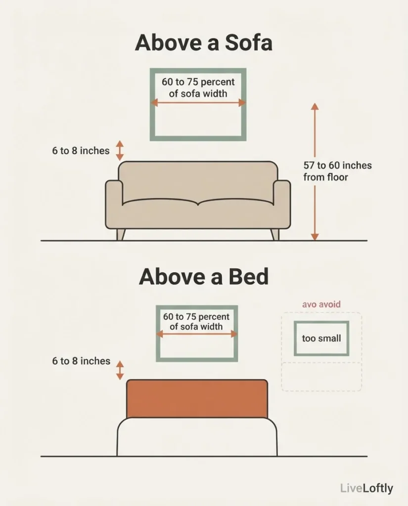 Side-view sizing diagram showing correct wall art proportions above a sofa and above a bed headboard, with labeled measurements for 60 to 75 percent furniture width rule and 6 to 8 inch clearance above furniture