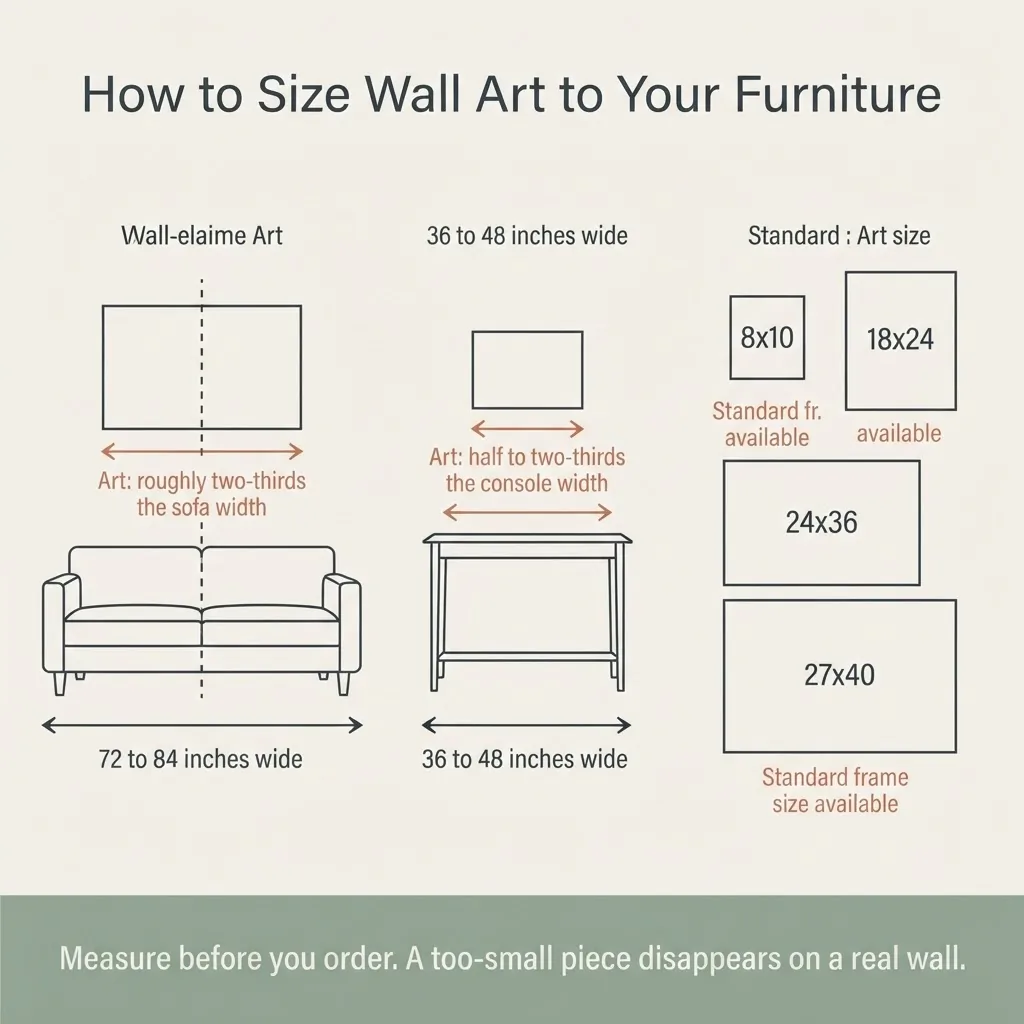sizing diagram showing how to scale wall art to furniture width, with the two-thirds rule for art above a sofa and guidelines for standard poster frame sizes