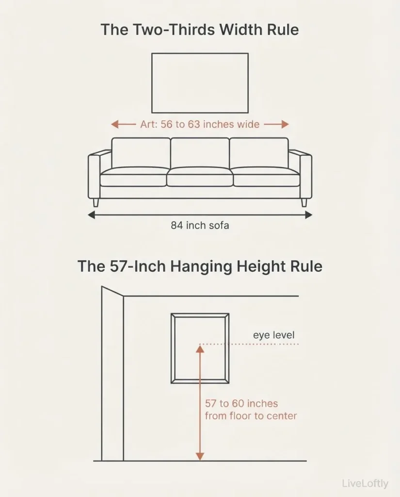 Wall art sizing diagram showing the two-thirds sofa width rule and 57-inch center hanging height rule for apartment renters