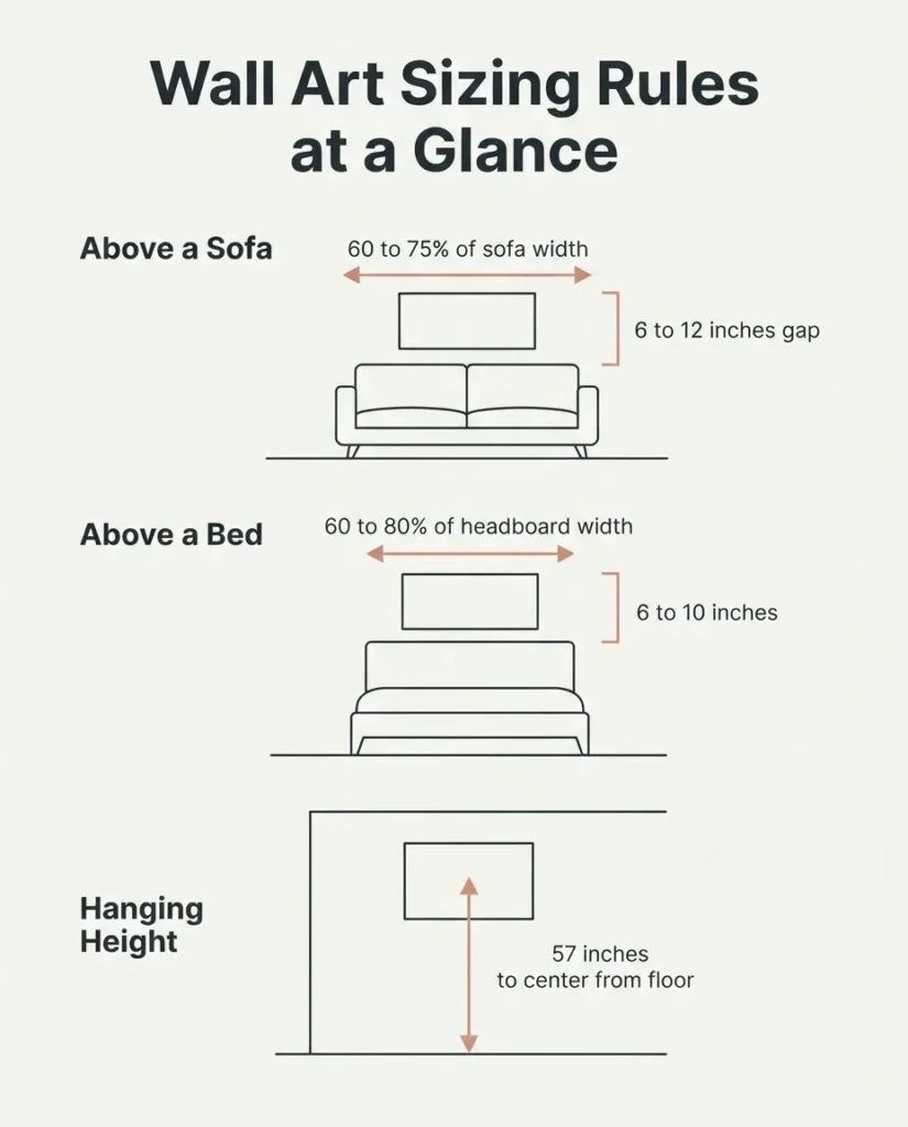 wall art sizing diagram showing 60 to 75 percent furniture width rule, 57-inch center hanging height, and 6 to 12 inch gap above sofa and bed, room-by-room guide