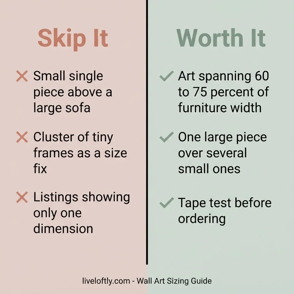 wall art sizing skip it and worth it verdict summary card, what to avoid when buying wall art, small art above sofa, cluster of tiny frames, single large piece recommendation