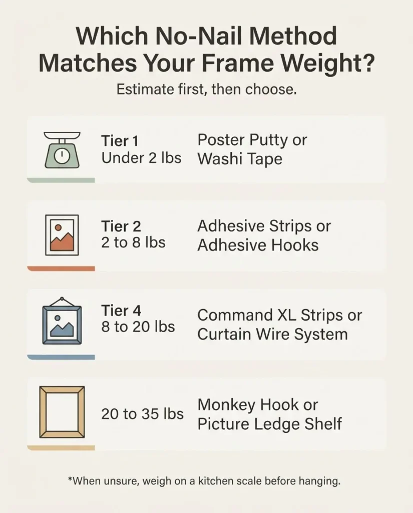 Infographic showing four weight tiers for hanging wall art without nails, matched to the correct no-nail method for each weight range
