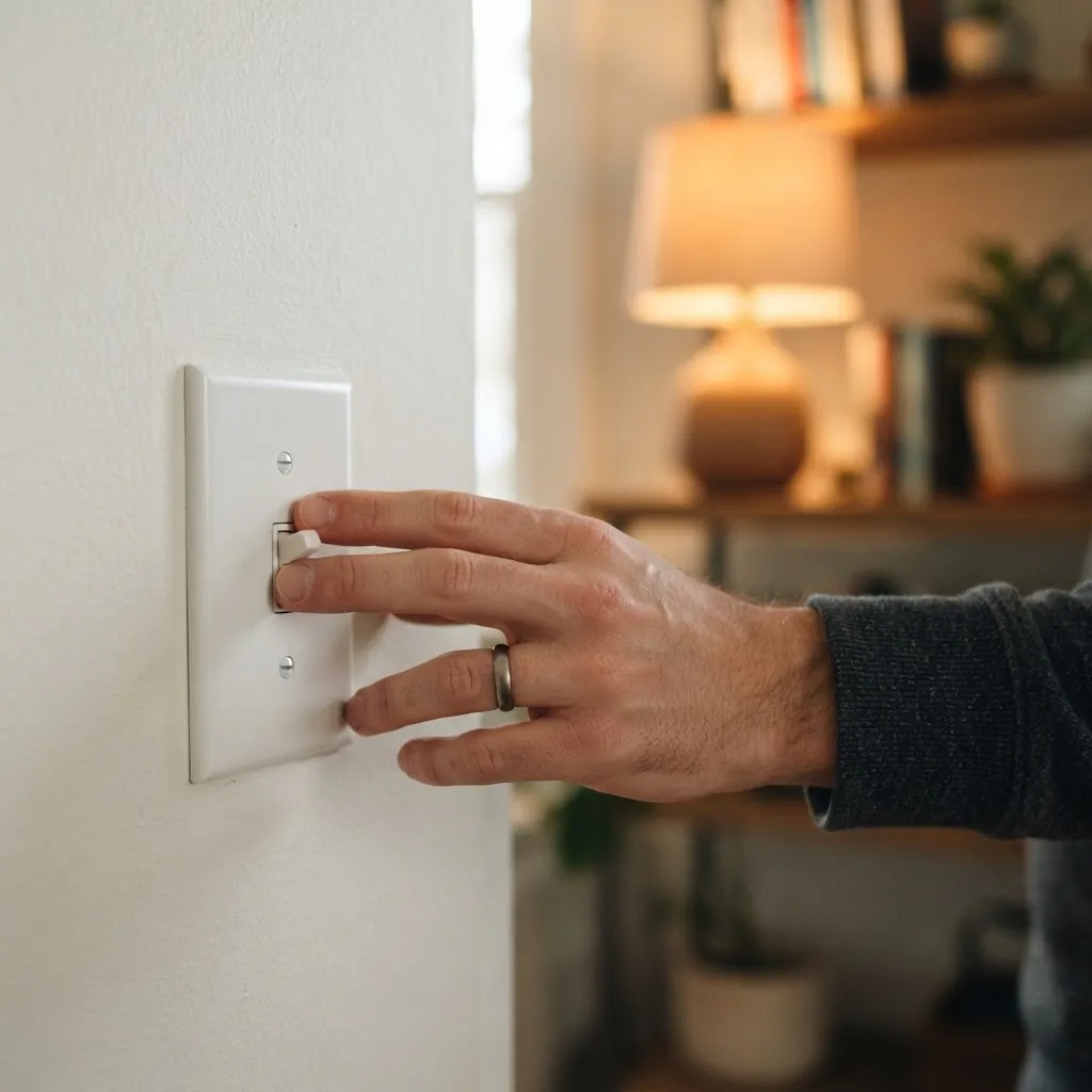 A hand resting on a wall light switch in the on position next to a glowing smart bulb lamp showing why smart bulbs need constant power