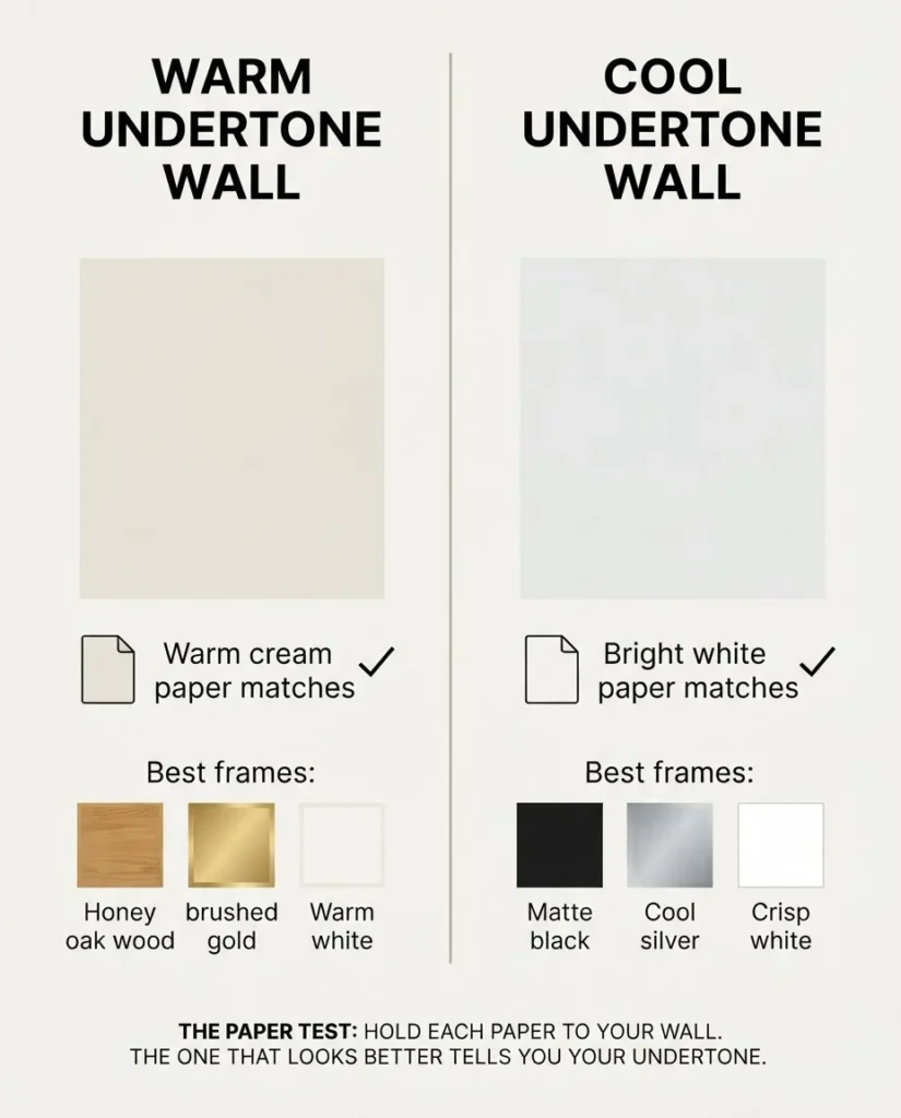 infographic showing how to identify warm vs cool wall undertone using the paper test, frame color pairings for warm and cool walls