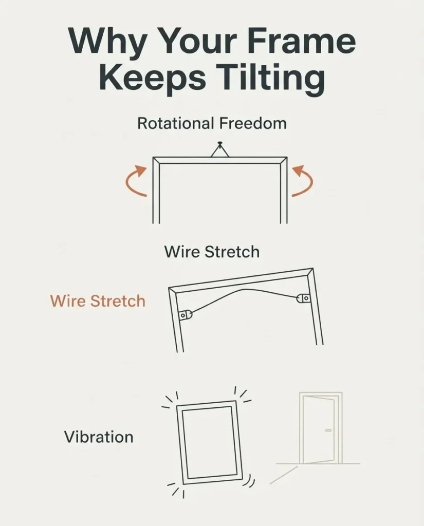 Diagram showing the three root causes of picture frame tilting: rotational freedom, wire stretch, and vibration, flat vector style with labeled frame illustrations