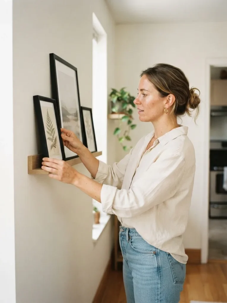 Young woman with light brown hair in a linen shirt arranging framed art prints on a wooden picture ledge in a bright minimal rental apartment