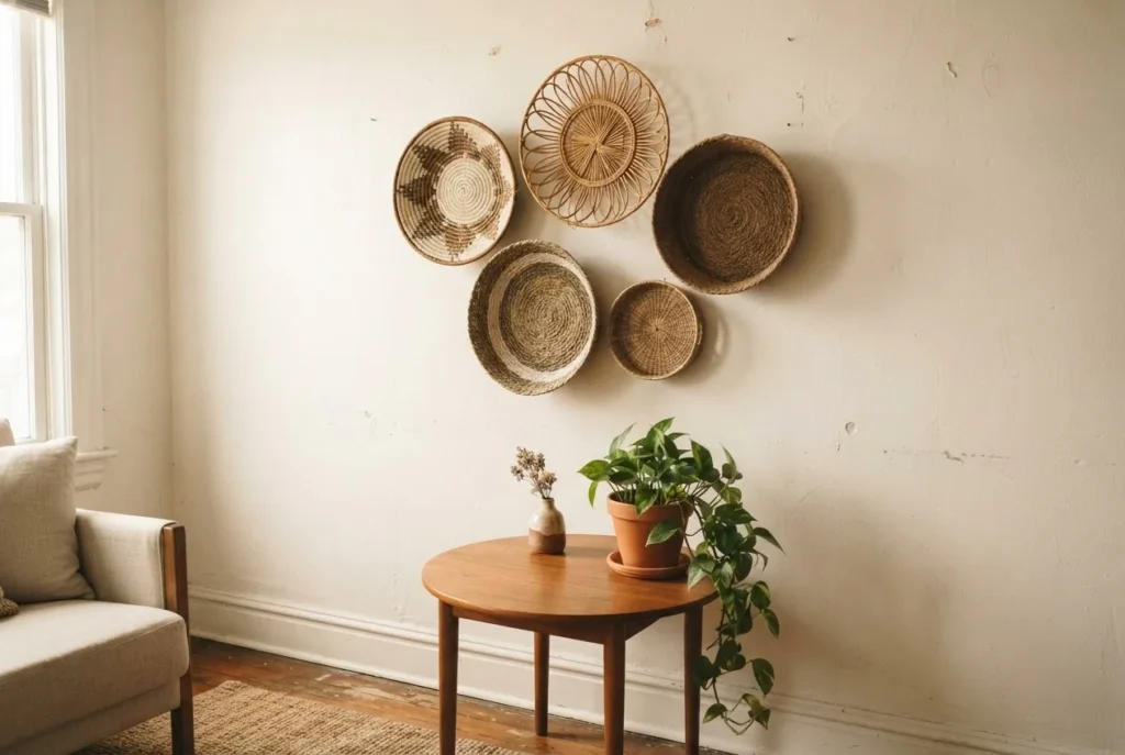 Five woven rattan and seagrass wall baskets arranged in an organic cluster on a warm white apartment wall, varying sizes, boho living room renter-friendly wall decor