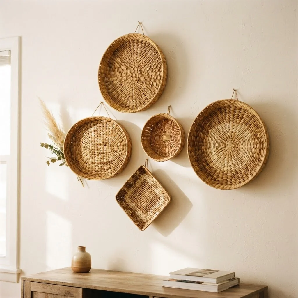 Cluster of woven wall baskets in varying sizes hung on a neutral rental wall as renter-friendly textured wall art