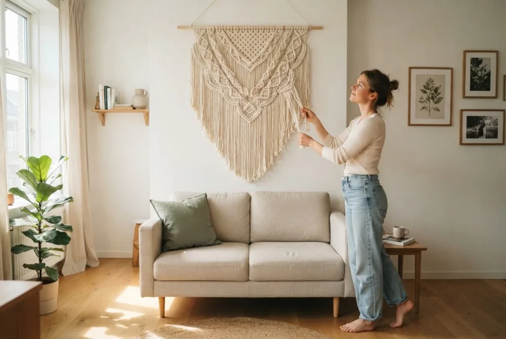 Woman hanging a large natural cotton woven wall hanging above a sofa in a bright renter apartment, warm afternoon light, casual linen clothing
