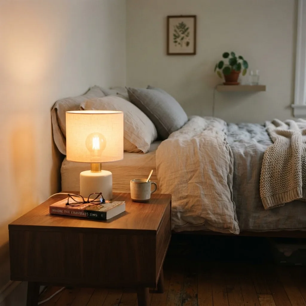 Wyze Bulb Color A19 smart bulb glowing warm amber in a bedside lamp on a nightstand in a small apartment bedroom, cozy evening lighting