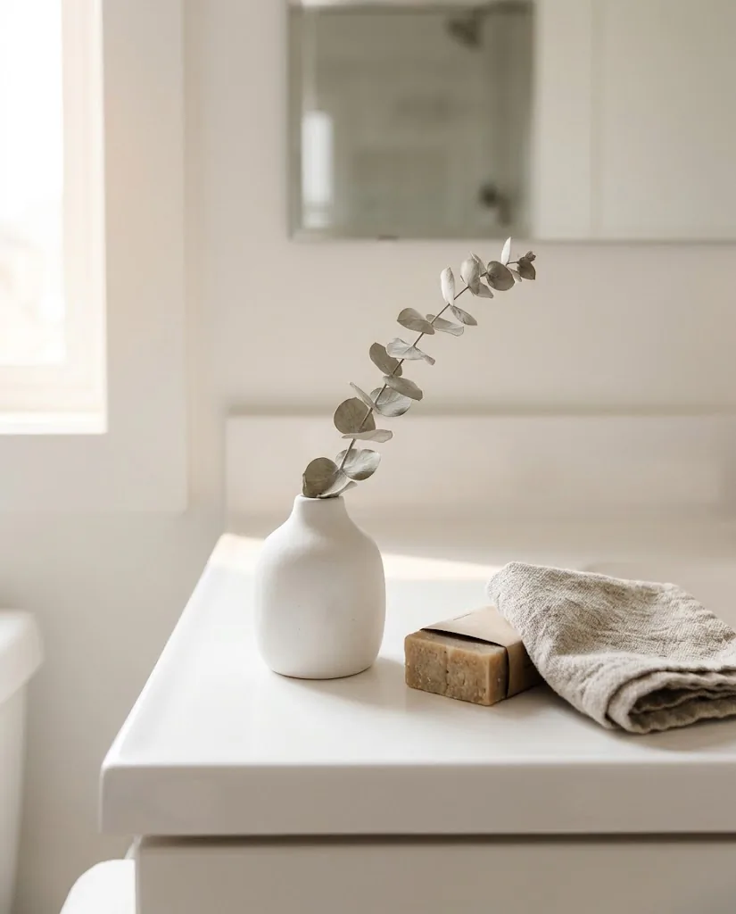 Small white ceramic bud vase with a dried eucalyptus sprig on a clean bathroom counter, minimalist rental bathroom decor idea