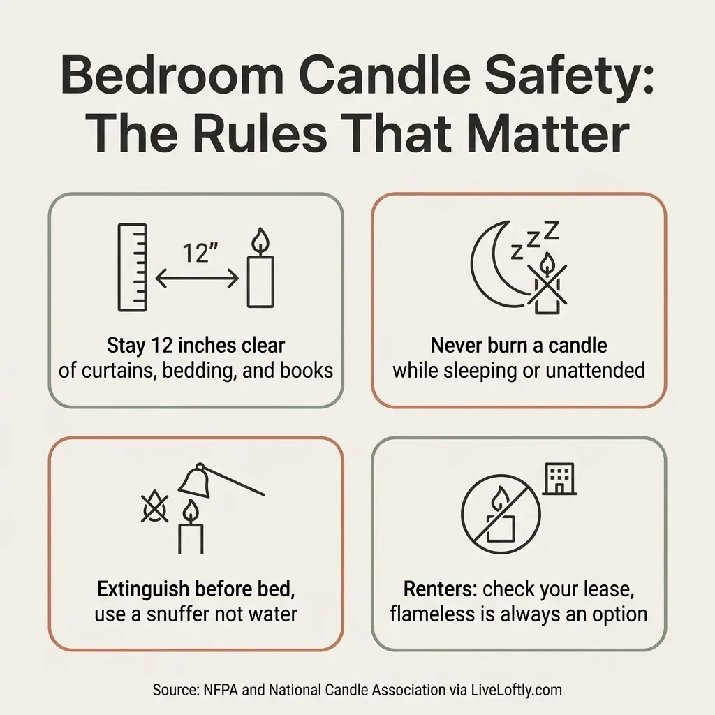 Flat minimalist infographic summarizing bedroom candle safety rules including 12-inch clearance from bedding and curtains, never burn while sleeping, extinguish before bed