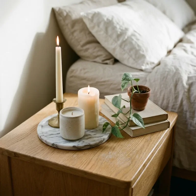 Cozy bedroom nightstand with three candles grouped on a small marble tray beside a stack of books and a small trailing plant, warm candlelight, neutral linen bedding in background