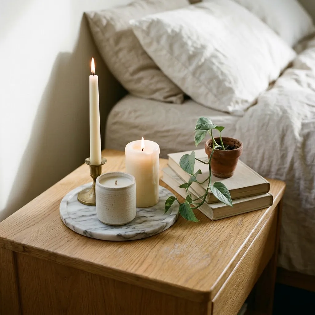 Cozy bedroom nightstand with three candles grouped on a small marble tray beside a stack of books and a small trailing plant, warm candlelight, neutral linen bedding in background