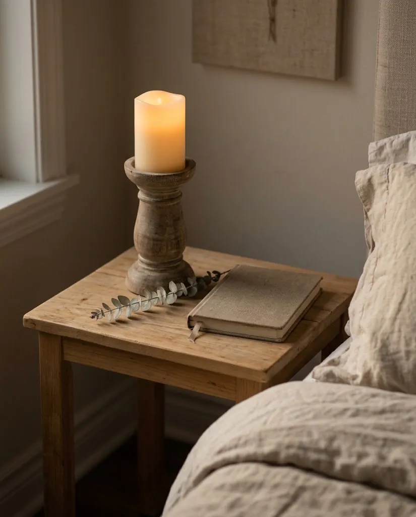 Cozy bedroom nightstand with one rustic wood pillar candle holder holding a cream flameless LED candle, linen bedding, dried sprig, warm low light, small space rental bedroom