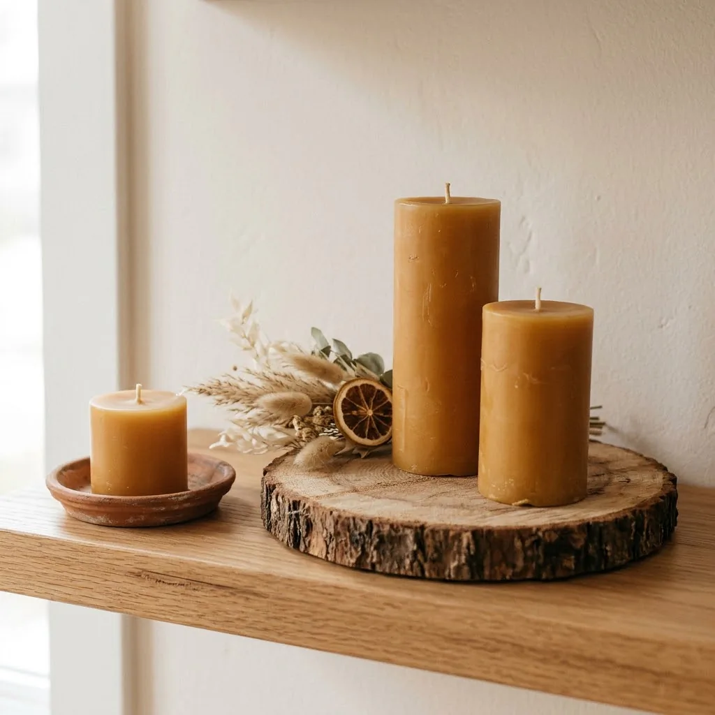 Beeswax-toned pillar candles on a raw wood tray styled with dried pampas, terracotta saucers, and dried citrus slices on a shelf in a warm earthy boho apartment