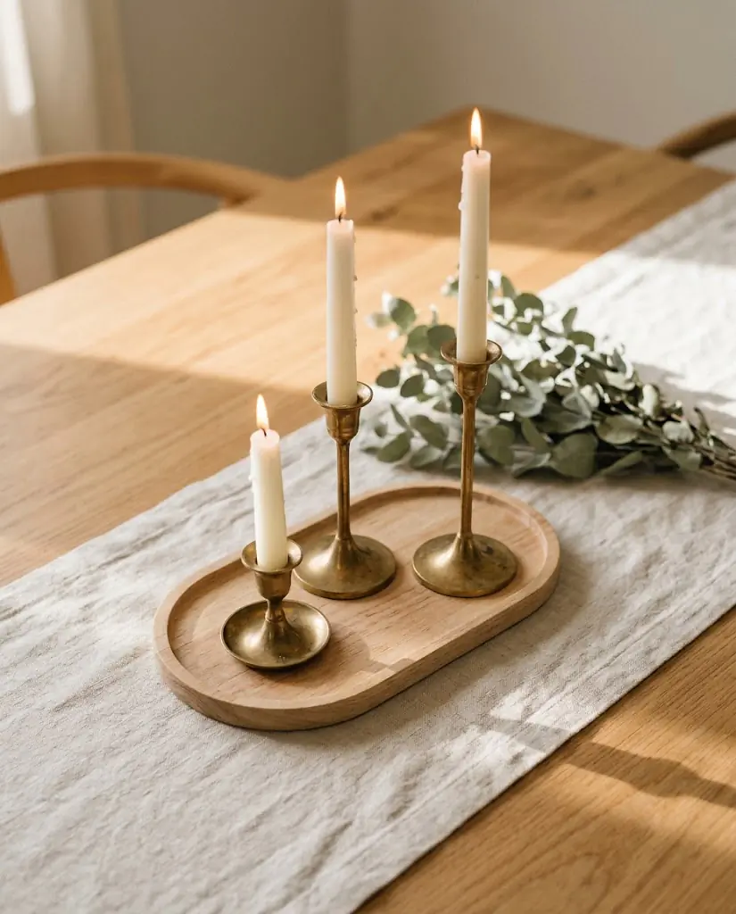 Three mixed-height brass taper candlestick holders on a small wooden tray, white taper candles, warm candlelight, dining table styled vignette, modern boho home decor