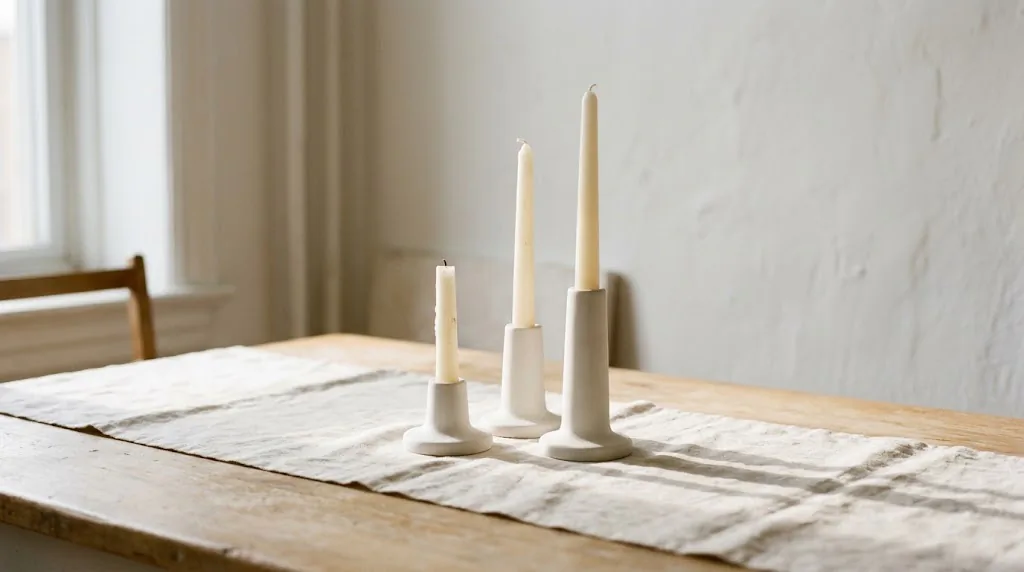 A grouped vignette of three mismatched thrifted brass taper candlestick holders with warm ivory candles on a wooden surface, natural patina, eucalyptus sprigs tucked between, warm interior light