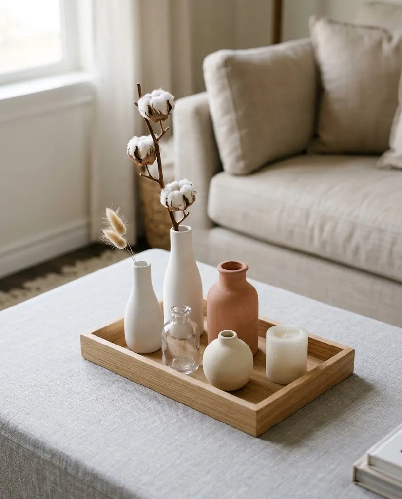 Five small bud vases in matte white and terracotta tones grouped on a wooden tray on a coffee table, minimalist vase decor for renters