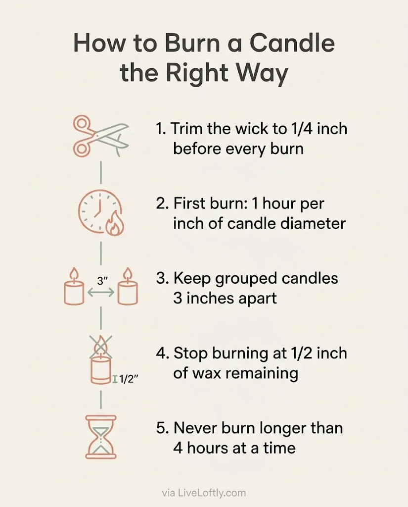 Minimalist infographic checklist showing bedroom candle care steps including trim wick to quarter inch, first burn rule, stop at half inch of wax remaining, burn time limit