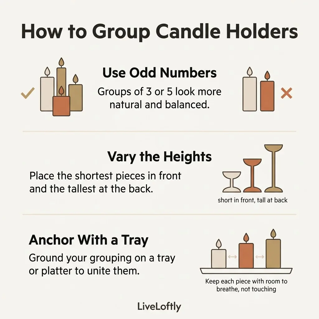 Flat infographic showing candle holder grouping rules, odd number arrangements, varied height placement, tray anchoring tip, and spacing guide for modern table styling