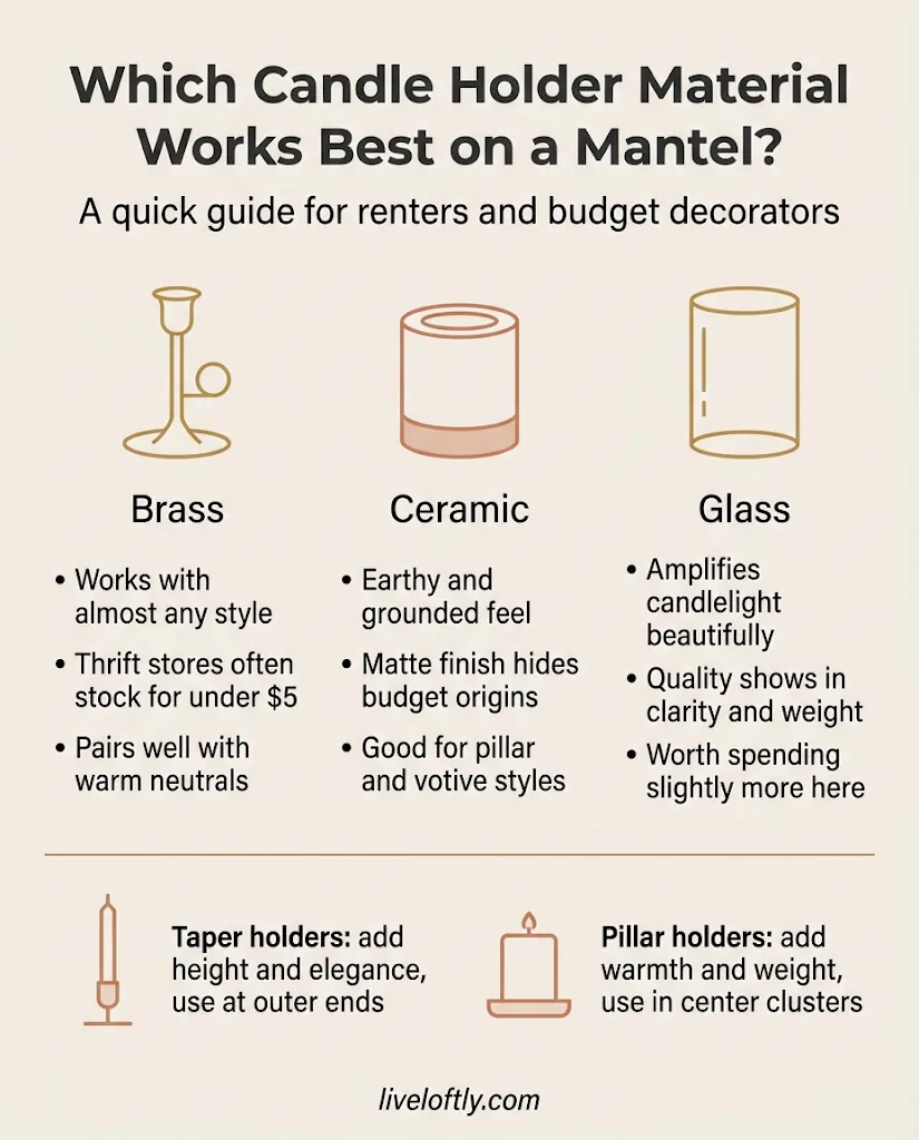 Infographic comparing candle holder materials for mantel styling including brass, ceramic, and glass with budget notes and style pairings