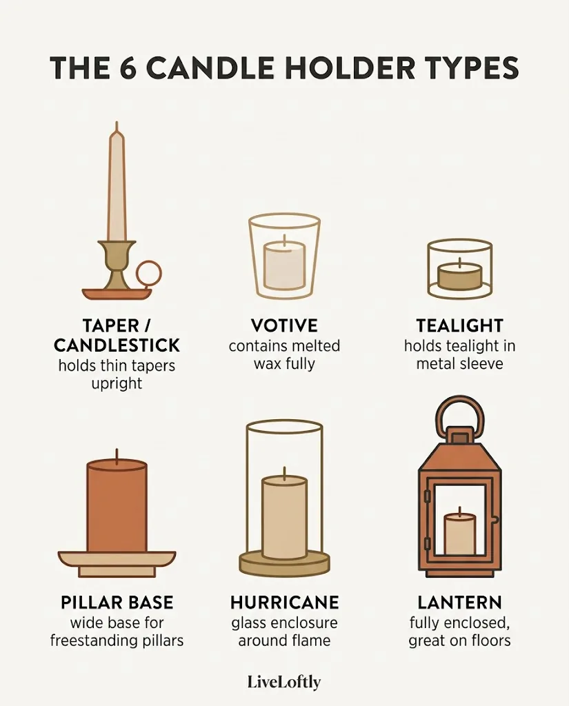 Illustrated diagram of six candle holder types including taper, votive, tealight, pillar, hurricane, and lantern, with labels and candle fit notes, minimalist flat style