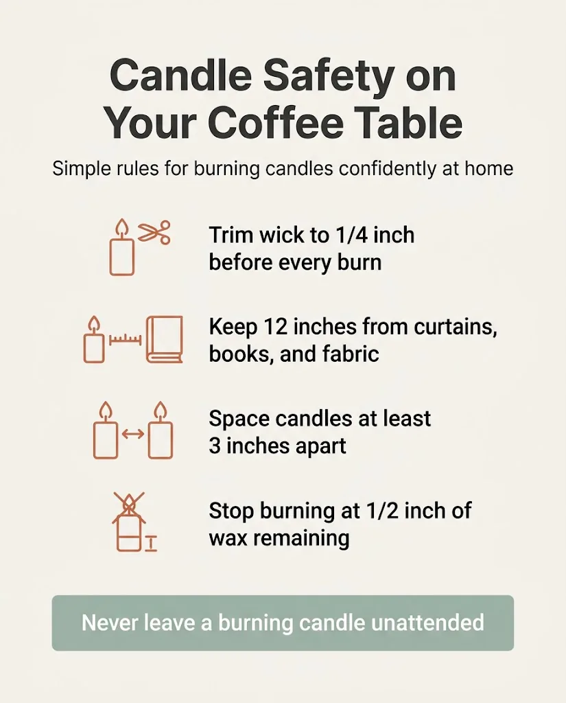 Candle safety infographic checklist showing wick trimming to one quarter inch, twelve inch clearance rule, three inch candle spacing, and when to stop burning a candle