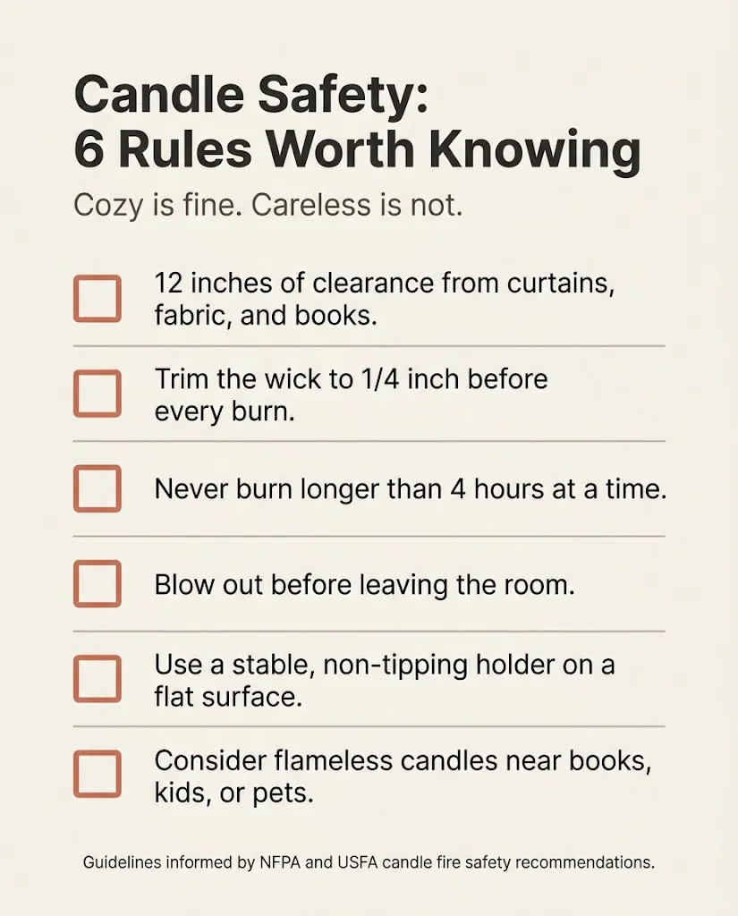 Candle safety checklist infographic listing six home fire safety rules including 12-inch clearance, wick trimming, and maximum four-hour burn time
