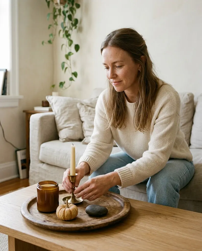 Woman with light brown hair in a soft cream knit top arranging a fall candle tray on a light wood coffee table, placing a small taper candle in a brass holder beside a jar candle and a dried pumpkin, bright natural window light, cozy apartment living room, candid real-home styling moment