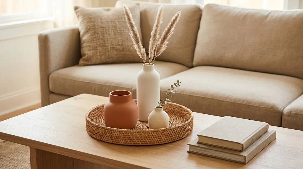Styled coffee table with three ceramic vases of different heights on a woven tray, dried pampas grass, and a single stem in a neutral living room
