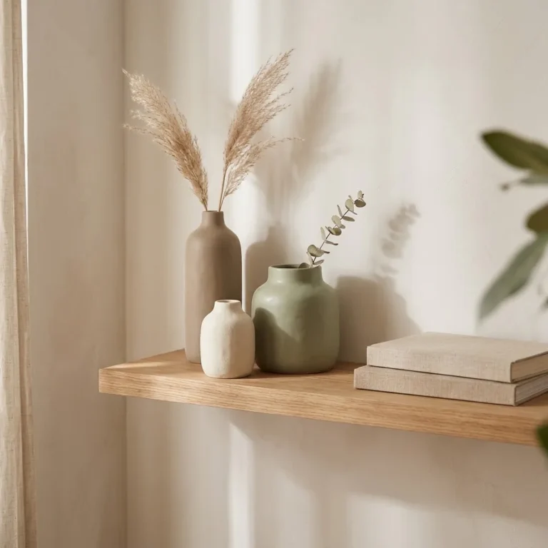 Three matte neutral ceramic vases grouped on a floating shelf in a calm, softly lit living room with dried pampas grass and warm natural window light