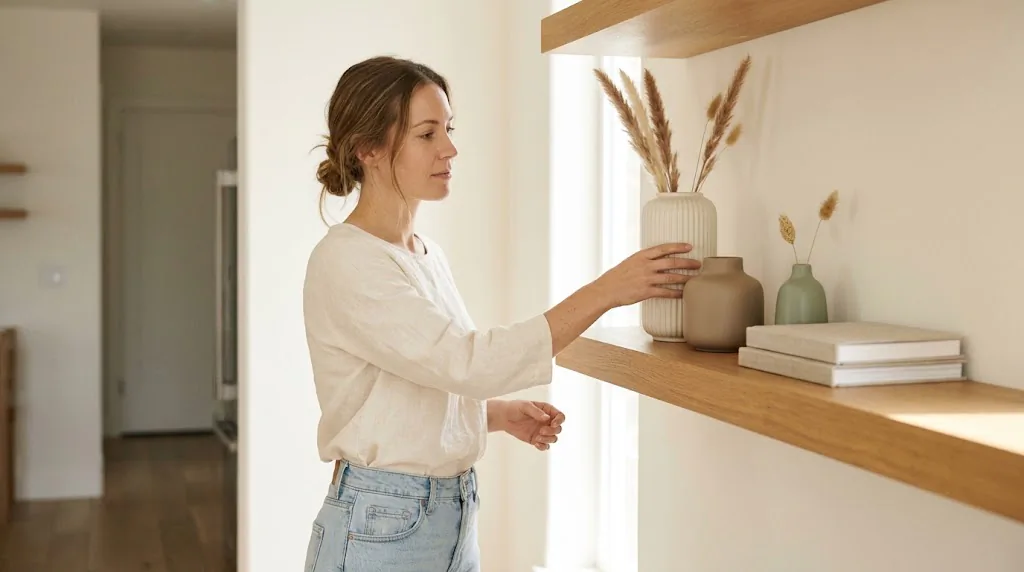 Woman arranging a grouping of three neutral matte ceramic vases on a floating shelf in a bright neutral living room, showing varied heights and textures