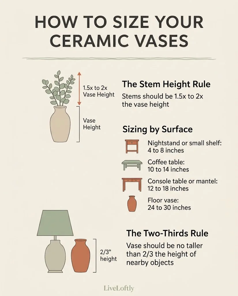 nfographic showing ceramic vase sizing rules, stem height ratio, and surface placement guide for coffee table, shelf, console, and floor vases