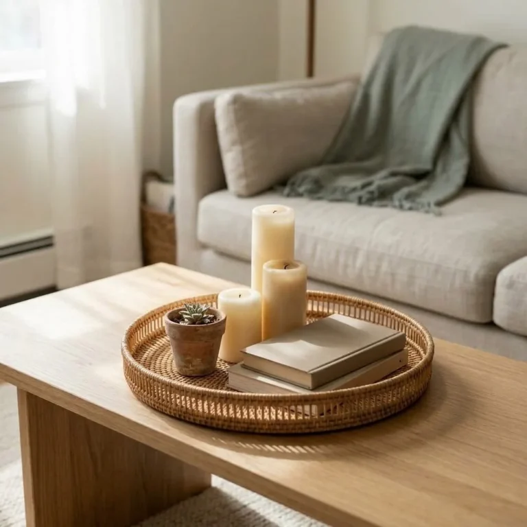 Styled coffee table with pillar candles, a rattan tray, small plants, and stacked books in a warm cozy living room with natural window light